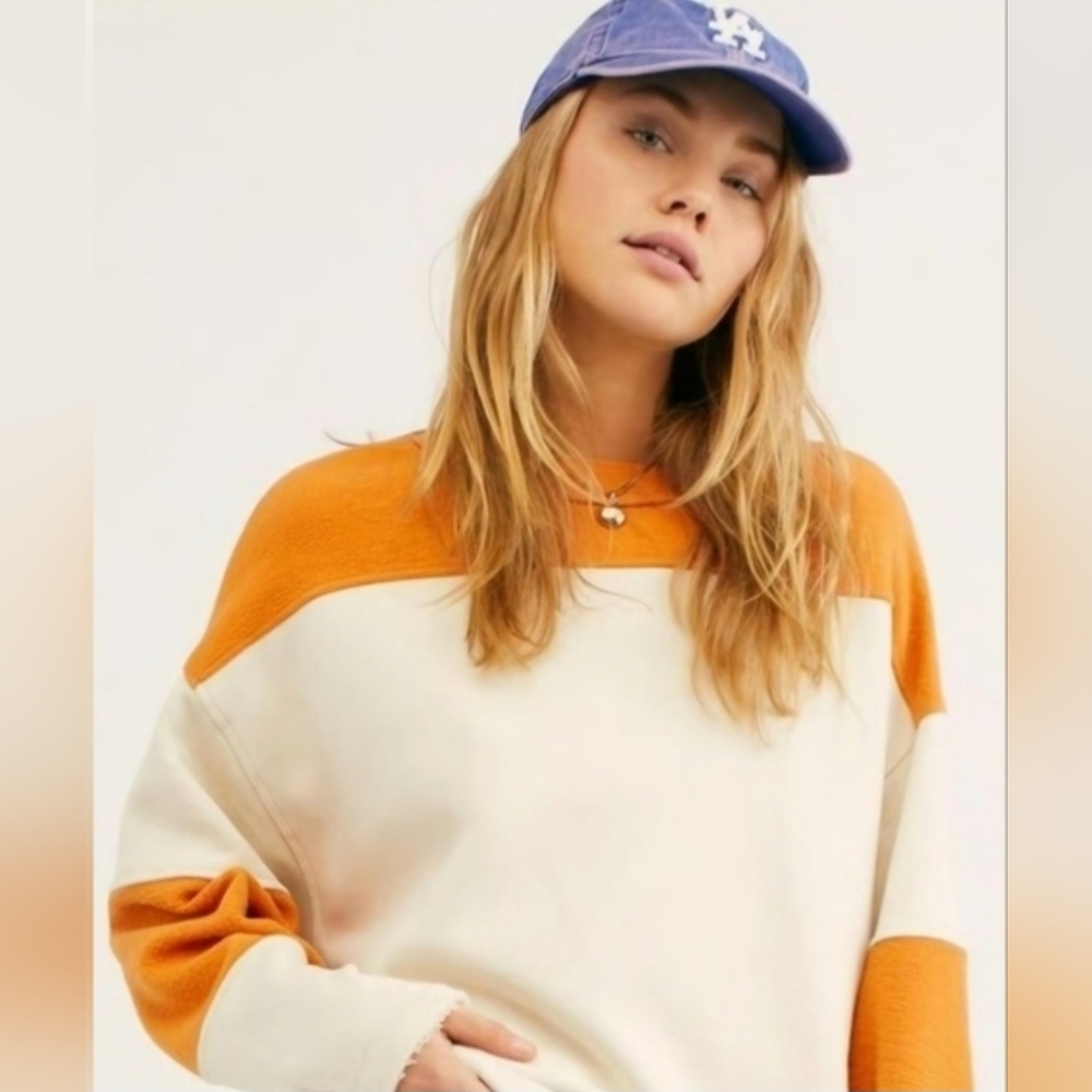 Free People Jordan Oversized Orange and Cream Colorblock Sweater